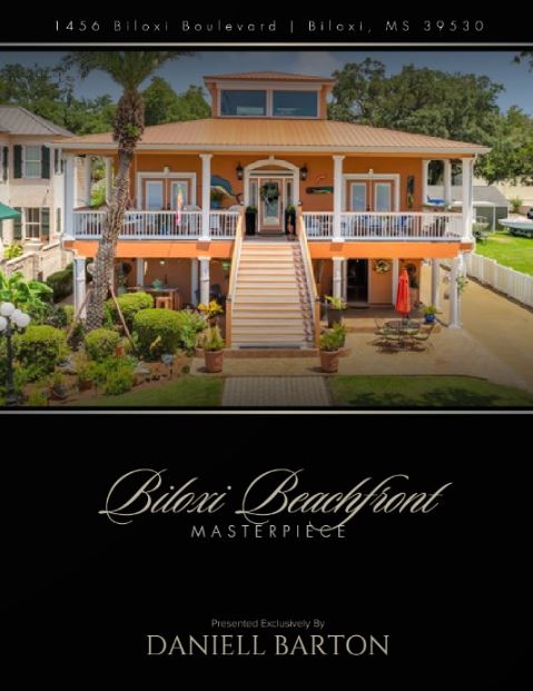 Luxury property marketing image showing an in-ground saltwater pool with a tiki bar entertaining area, surrounded by vibrant coastal landscaping and outdoor living spaces. Created by Luxury Home Brochures.