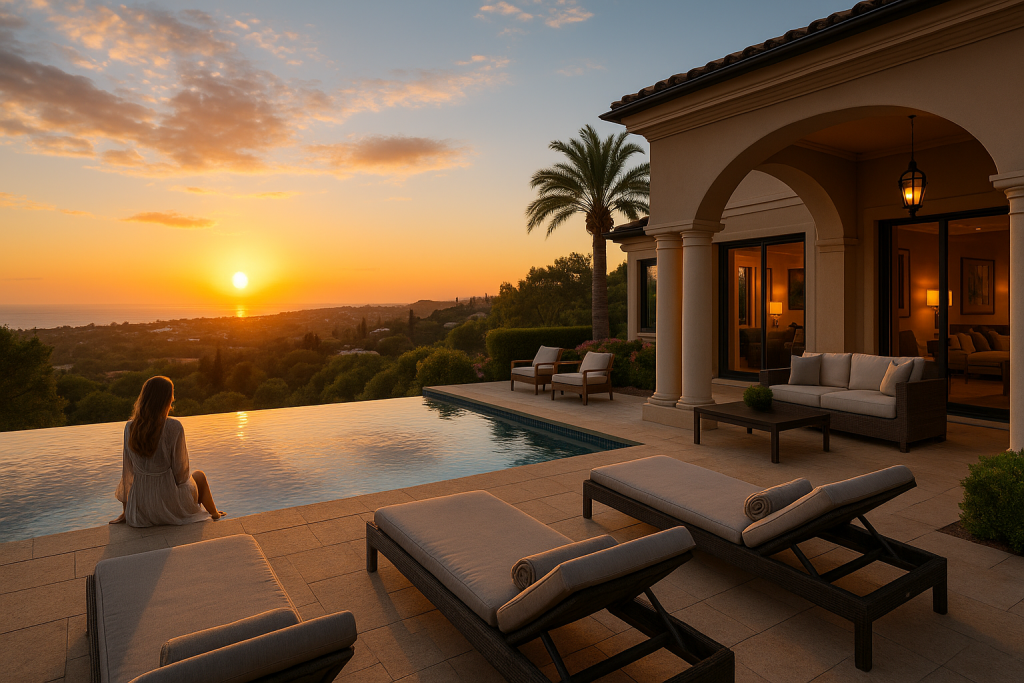 Luxury home at sunset with infinity pool, grand entryway, and private terrace — high-end real estate lifestyle scene