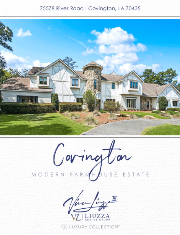 Luxury real estate brochure image showing a modern farmhouse estate on 9.46 acres with riverfront access, surrounding acreage views, and outdoor amenities such as a covered pool and pickleball court. Created by Luxury Home Brochures.